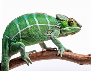 green chameleon on branch isolated on white background