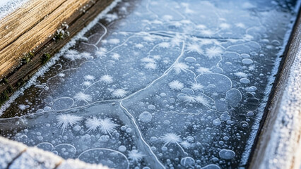 Close up of frozen trough water, shows intricate ice patterns. Frozen trough water surface reveals natural cracks, trapped air bubbles, delicate frost crystals.