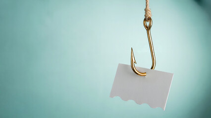 Metal Fish Hook Hanging with Blank White Paper Note on Blue Background for Phishing Scam Concept