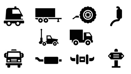 Silhouette icons of vehicles and parts: trucks, trailers, tires, and exhausts