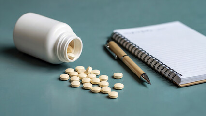 Spilled White Medicine Bottle with Pills next to Spiral Notebook and Pen on Blue Table for Prescription Concept