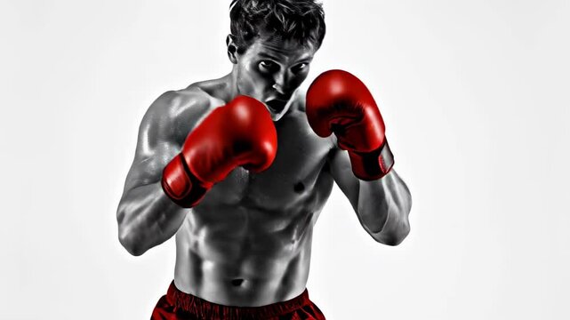 Man trains in boxing stance wearing red gloves. Strong pose captures action in gym environment. Concept of fitness, sports training, boxing