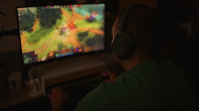 Caucasian teenager wearing headphones plays online video game on PC, spends leisure time at home. Professional young gamer enjoys gameplay in 3D third person shooter on computer. Gaming and Esports
