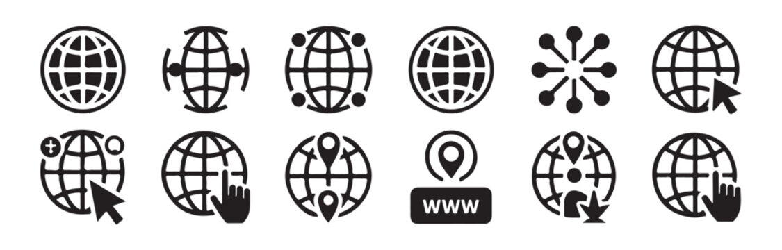 Internet and global technology icons featuring earth connections links data transfer and mouse click