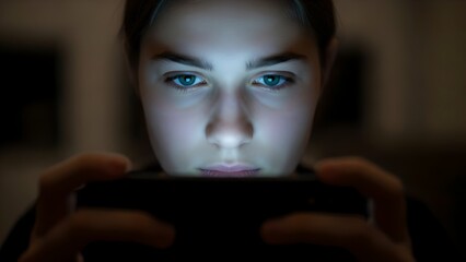 Woman using smartphone at night with screen light on face in dark room, focused expression, mobile addiction, digital lifestyle, social media use, technology concept.