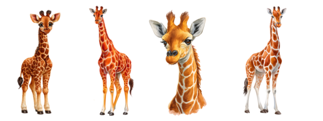 watercolor illustration of four giraffes showcasing different poses and expressions, highlighting their unique features and playful nature in a vibrant setting. isolated image, transparent background