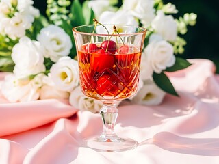 A crystal glass filled with cherries and a vibrant red liquid