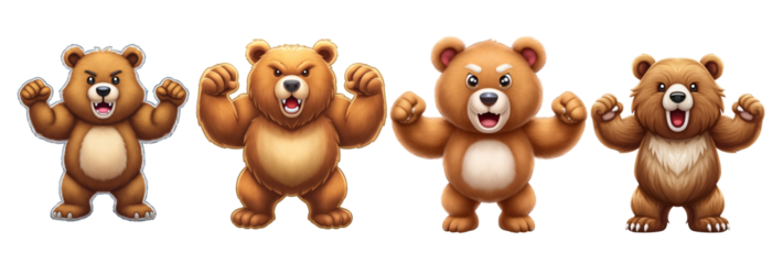 Cartoon bears in various poses showcasing strength and personality, featuring vibrant colors and playful expressions, perfect for children's illustrations . isolated image, transparent background