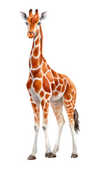 Obraz premium Giraffe illustration standing gracefully with distinctive coat patterns, showcasing its long neck and elegant posture in a vibrant, artistic style. isolated image, transparent background