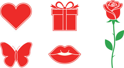 Red Outline Valentine's Day Icons with Heart Gift Rose Butterfly Lips love