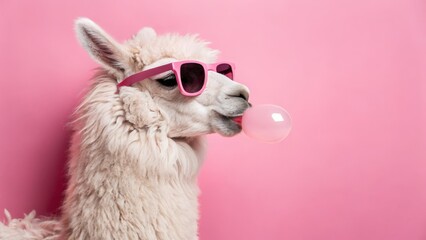 Cute Lama Alpaca With Bubblegum In Trendy Pink Sunglasses