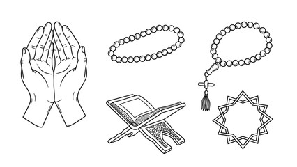 Collection of hand-drawn Islamic religious symbols depicting devotion and prayer, including hands, prayer beads, and the Holy Quran, representing spiritual practice and faith