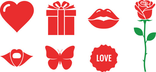 Red Valentine's Day Icons Collection with Heart Rose Lips Butterfly Gift love flower