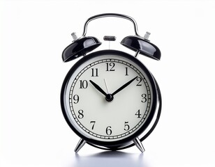 analog alarm clock with round black design isolated on white background