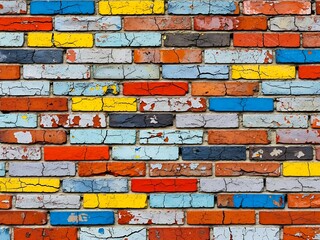 A colorful brick wall with chipped paint and textured surface