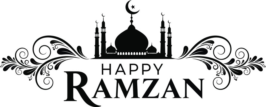 Elegant black and white graphic design celebrating the sacred month of happy Ramzan with mosque silhouette
