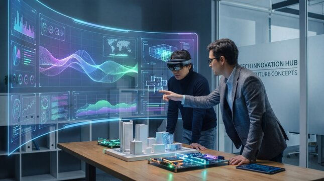 Two businessmen in a modern office using virtual reality technology for innovation - Powered by Adobe