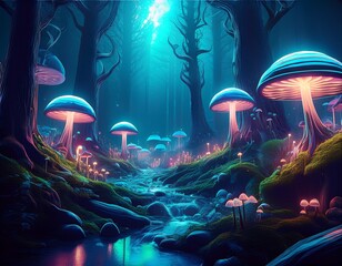 eerie glitching bioluminescent mushrooms illuminate a dark corrupted forest landscape surreal digital art blending nature decay and technology atmospheric mysterious fantasy scene