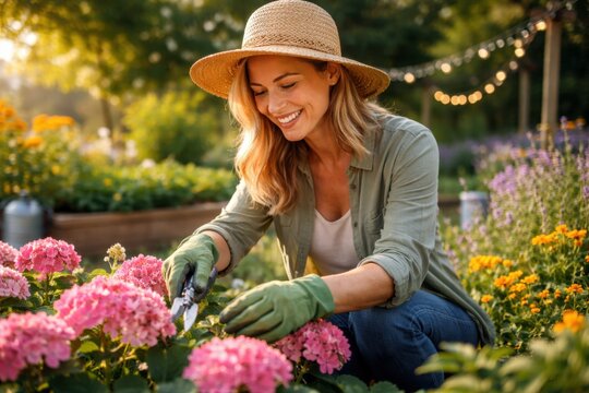 Happy young woman in a straw hat and gardening gloves pruning pink hydrangeas in a beautiful sun-drenched backyard garden, enjoying her hobby during a peaceful summer evening.