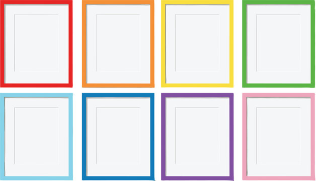 Colorful empty picture frames set, modern minimal wall decor mockup, assorted rainbow borders isolated on white background