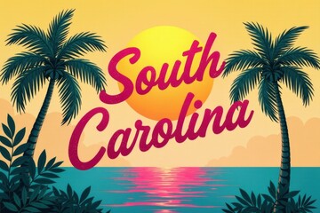 Obraz premium South Carolina Sunshine Vivid Lettering with Palms, U.S. State Series Slogan 