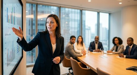 Confident businesswoman presenting data on screen to colleagues