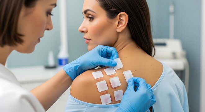 A medical professional performs an allergy patch test on a woman's upper back in a clinical setting.