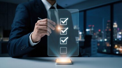 Businessman completing digital checklist on futuristic interface,task management and productivity planning in modern office