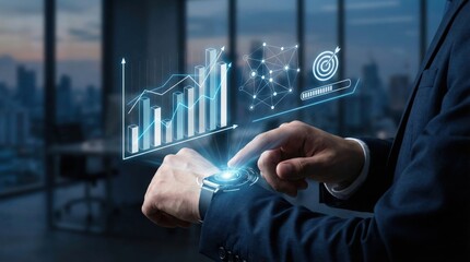 Business analytics and data visualization on smart watch,man checking real-time performance metrics,technology and growth concept
