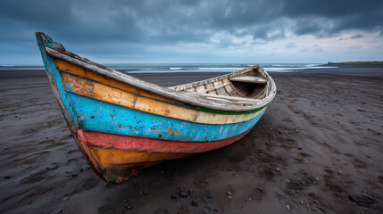 Fototapeta premium Colorful Fishing Boat on Black Volcanic Sand Beach in Remote Location, Paint Peeling Under Moody Overcast Sky, Raw Dramatic Landscape.