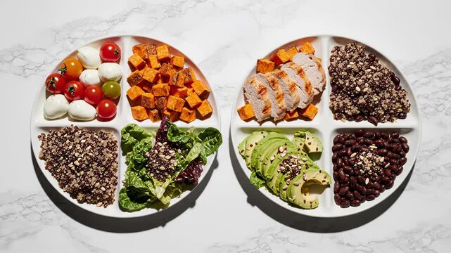 Creative Compilation Of Portion Control Plate Variety, Featuring Healthy Meal Options On A Marble