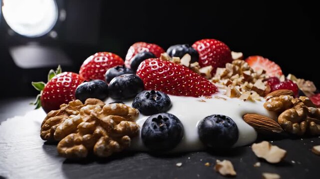 Delicious Healthy Breakfast Parfait Featuring Fresh Strawberries Blueberries Walnuts and Almonds