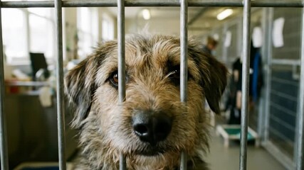 Dog looking at camera from inside cage at animal shelter. Bright indoor setting with staff attending to pets in background. Concept of animal care, adoption, rescue efforts