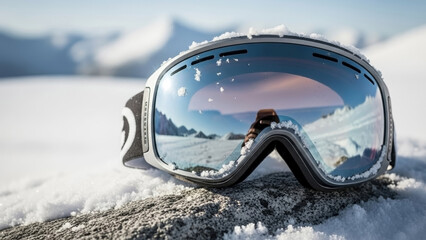 Frost covered ski goggles on rock, prominently displaying reflective lenses in bright snowy conditions. Ski goggles on rock reflecting majestic mountain landscape, clear sky, on textured stone.