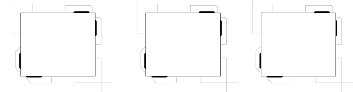 Three cube-shaped buildings are shown in a top view layout. Each building has a flat roof and is positioned in a square formation for clear planning.