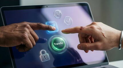 Two hands pointing at data transfer button on laptop screen