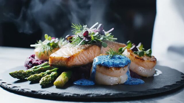 Culinary Artistry: Salmon and Scallops Garnished with Blue Sauce on Black Plate Gourmet Dish
