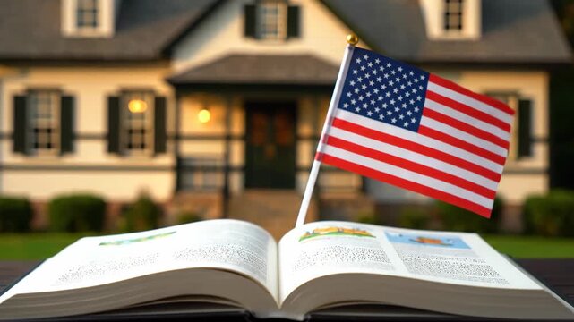 American Flag on Book in Front of House.