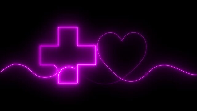 Abstract glowing neon Medical cross black background health icon animation . neon plus sign icon, medical check up plus icon 4k motion video animation .