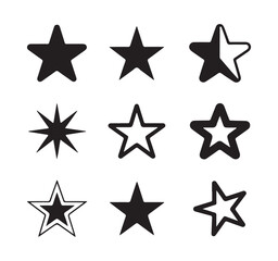 Fototapeta premium Nine diverse star icons featuring thick outline radiant shapes and solid fill styles