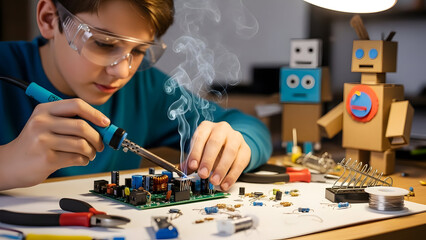 Teen Boy Soldering Circuit Board for Robot Project