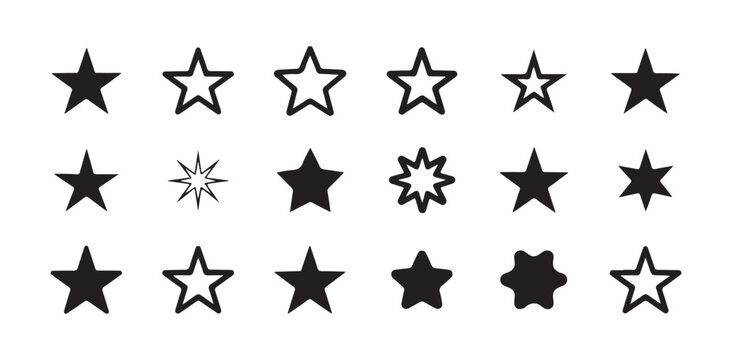 Fifteen different star outlines and solid shapes icons showcasing rating system variations and styles