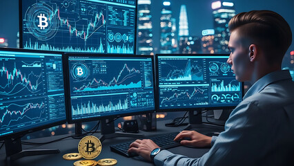 Man analyzing Bitcoin charts on multiple computer screens at night.