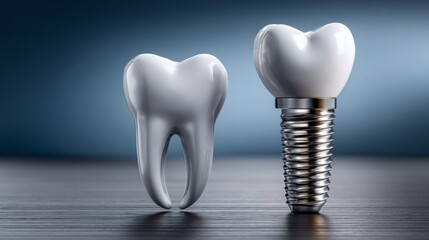 A close-up view of an artificial tooth next to a dental implant reflects advances in restorative dentistry