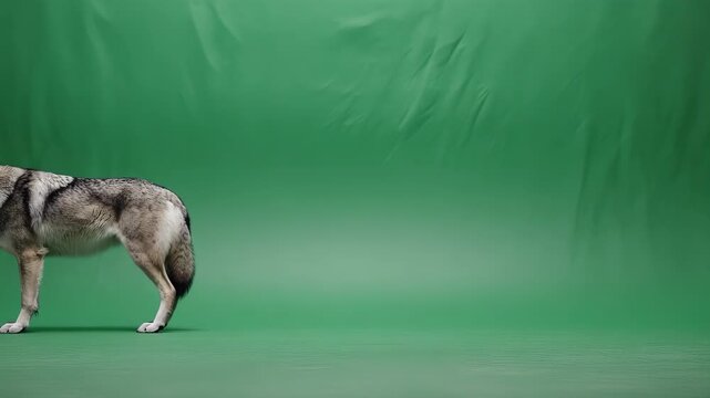 A dog walks against a smooth green backdrop