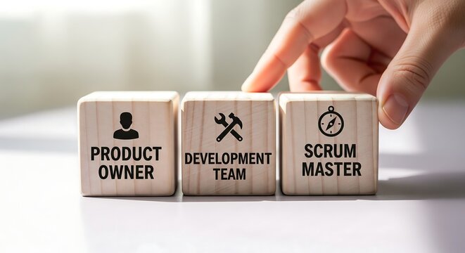 Wooden blocks representing key roles in Agile Scrum methodology: Product Owner, Development Team, and Scrum Master.