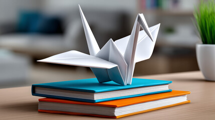 White Origami Crane on Stack of Textbooks in Bright Minimalist Study Room, Symbolizing Creativity and Focus Amidst Academic Rigor.