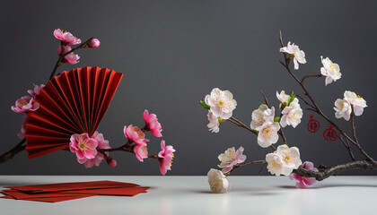 Still life arrangement of a red fan and blossoming branches on a white table against a dark background