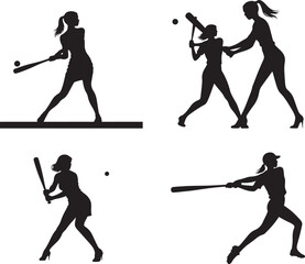 Dynamic Female Baseball and Softball Player Silhouettes in Various Batting Poses, Vector Illustration and Clip art