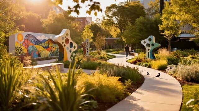Medium shot featuring a small urban park with diverse plants walking paths and interactive public art enhancing urban living spaces.